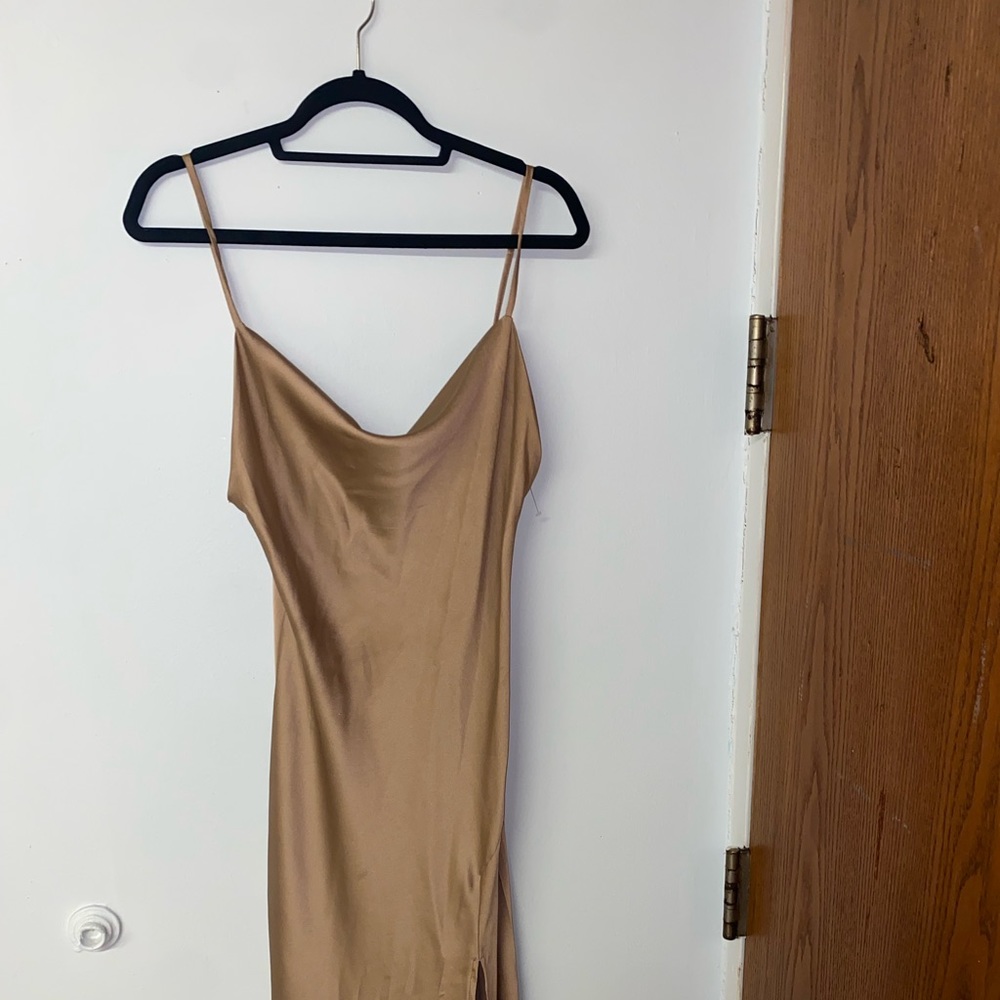 Silk tan dress with bottom slit